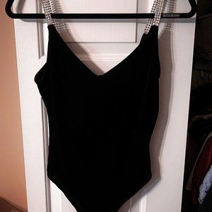 Black Velvet Bejeweled Bodysuit - Size M